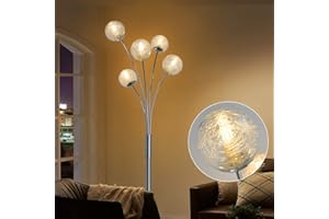 Depuley Lampa stojąca LED, 5 źródeł światła, do salonu, nowoczesna lampa stojąca do sypialni ze szklaną kulą i przełącznikiem nożnym, ochrona oczu, 220-240 V, lampa stojąca, 5 źródeł światła, do