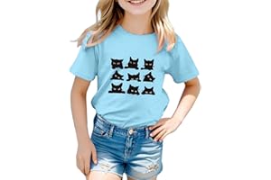 VUNCIO Kids T Shirts Girls Cat Trendy Graphic Cat Round Neck Short Sleeve Teenage Girls Tshirts Comfy Summer Cartoon Cute Casual Athletic Vacation School Tops T-Shirts Age 3-13 Years