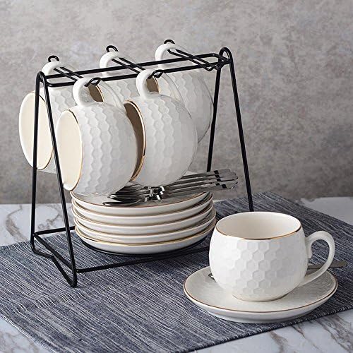 DHJUST Lovely color creative ceramic coffee cup and saucer set, 6 cups 6 disc 6 spoon rack , Yellow (white)