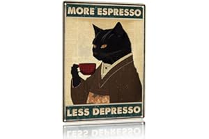 POMOTER Metall-Blechschild im Vintage-Stil, schwarze Katze, Kaffee, Poster, Motiv: "More Espresso Less Depresso", 20,3 x 30,5 cm