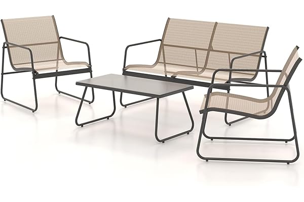 Grand patio Ensemble de Mobilier d'extérieur, 4 PC, Chaises du Porche, 3 Chaises et 1 Table en Verre, Textile, Meubles Terrasse pour Toutes Les Saisons, Maison, Jardin et Extérieur (Brun Clair, large)