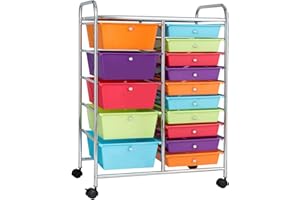 FANTASK Chariot à roulettes avec 15 tiroirs empilables, chariot de rangement pour bureau, salon, 62,5 x 37 x 87 cm