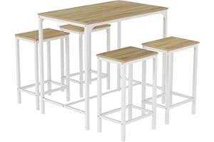 ReseeZac Bartisch mit 4 Barhockern, Küchen-Essgruppe, Bartisch und Barhocker, Set für Küche, Esszimmer, Wohnzimmer, Taverne, Eichenholz + Metallgestell