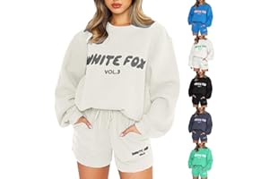 HOTSALIFES White Fox Tracksuit Womens Full Set 2 Piece Outfits White Fox Shorts Set Oversized Long Sleeve Pullover Hoodie and Shorts Lounge Wear Sets Gym Activewear Y2k Jogger Set Leisure Suits Airport Outfit