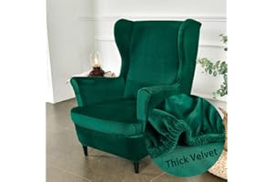 Highdi 2-Teilig Ohrensessel Überzug, Sessel-Überwürfe Ohrensessel Mode Einfarbig Samt Schonbezüge Bezug Sesselhusse Strandmon Tiger Stuhlbezug mit Armlehne Hohe Rückenlehne (Dunkelgrün)