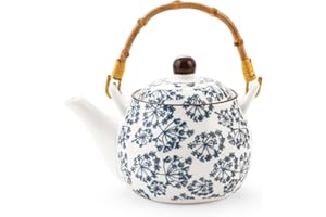 H&H Seta Teiera in Porcellana, con Manico in Bambu' Estraibile, Decori Assortiti, 500cc, Blu e Bianco