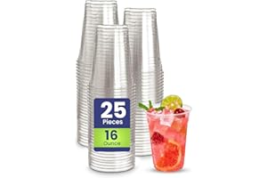SNH 25 Pieces 16Oz Juice Cup Clear Strong Disposable Plastic Cups - Ideal for iced coffee, smoothies, Bubble Boba tea, milkshakes, frozen cocktails, water, sodas, juices, snacks, dessert & more.