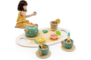 PLINRAX Gifts for 3 4 5 6 7 Year Olds Boys Girls, Wooden Tea Set for Toddlers, Kids Afternoon Tea Set Toy, with Dessert Tray Teapot Kitchen Accessories, Presents for Birthday Christmas(Green)