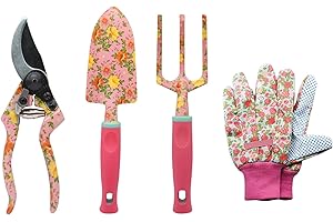 MQFORU Set di attrezzi da Giardinaggio, 4 Pz Guanti da Giardinaggio, Cesoia per potatura, Trapianto, Pala da Giardinaggio, Regalo da Giardinaggio per Uomo Donna Rosa
