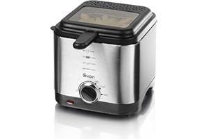 Swan SD6060N 1.5 litre Stainless Steel Fryer with Viewing Window, Non-Stick Coating for Easy Cleaning and Adjustable Thermostat with Indicator Light, Detachable Basket Handle, 900W, Silver