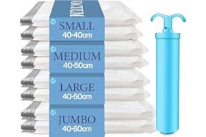 Vacbird Worki próżniowe do ubrań z pompką ręczną, 8 sztuk (2 jumbo/2 duże / 2 średnie/2 małe), wielokrotnego użytku worki próżniowe na ubrania, odpowiednie do podróży, poduszek, pościeli