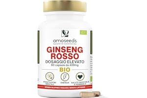 AMOSEEDS Panax Ginseng Rosso Coreano BIO | Esstrato Alto dosaggio | Energia, Vigore, Antistress, Concentrazione | 60 capsule da 400mg pure e naturali | Qualità Superiore