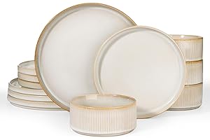 Richmount Star Plates and Bowls Set, 12 Pieces Dinner Set for 4, Stoneware Dinnerware Sets with Dinner Plates/Salad Plate/Cereal Bowls, Dishwasher & Microwave Safe, Cappuccino White