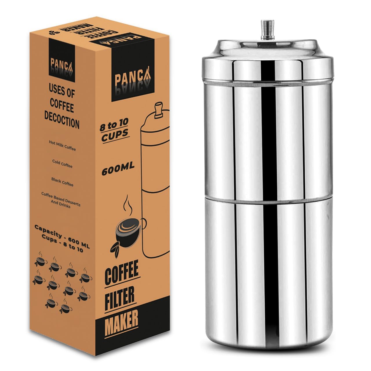 PANCA Stainless Steel Filter Coffee Maker, Coffee Filter Big Size,8-10 cups, 600 ml