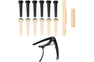 JUNLEGO 14Pcs Acoustic Guitar Bridge Pins String Pegs Guitar Saddle Nut With 3-In-1 Pin Puller Remover Guitar String Winder And Cutter Guitar Parts Accessories Replacement Tools Kits (Black Capo)