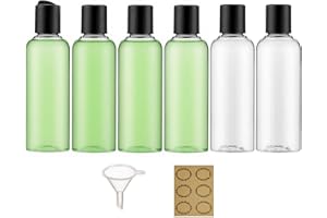 Apstaqeoo 6 botellas de plástico de 100 ml con tapa abatible en la parte superior de disco, botellas vacías para apretar, contenedor de viaje recargable, dispensador con 1 embudo, 6 etiquetas,