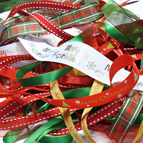 20 x 1 Metre Ribbon Off Cut Bundle, Premier Quality, Organza, Grosgrain, Double Sided Satin, Metallic Edge & Printed etc. (Xmas Shade)