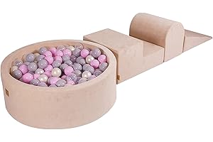 MEOWBABY Blocs d'escalade en Mousse Souple avec Piscine à Balles de 90x30 cm et 200 Balles - Aire de Jeu Intérieure pour Bébés et Tout-Petits - Velours, Écru: Transparent/Rose Pastel/Blanc Perle/Gris