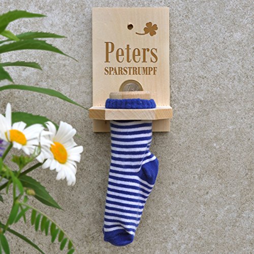 geschenke-online Sparstrumpf mit Gravur des Namens mit blauer Socke - 2