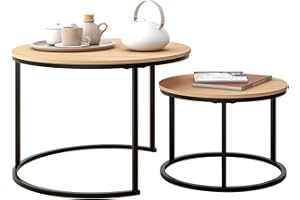 HOJINLINERO Black Round Coffee Table Set of 2 Side Table for Living Room,69.5x49cm Industrial Stacking End Tables,Wood Look Accent Furniture with Metal Frame End Table for Bedroom Decorations,Black