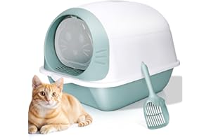 Pawchop Cat Litter Tray, Cat Litter Box with Anti-Spillage Lid, Enclosed Cats Litters Toilet with Charcoal Filter Odor Control, Extra Deep Hooded Litters Tray for Kittens - White and Green