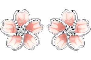Qings Boucles D'oreilles Clous Cerisier pour Fille en Argent 925, Rose Émail Fleur Boucles d'oreilles Cerisier Hypoallergéniques Bijoux Cadeaux pour Femme Fille