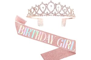 REYOK Corona de cristal de corona con marco de cumpleaños para niña, juego de cinta de cumpleaños con purpurina de oro rosa y kit de tiara de diamantes de imitación