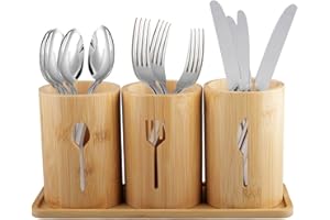 duisoad Porta-Utensili da Cucina, 3 Scomparti Per Utensili Da Cucina In Legno Portautensili in Bambù per Stoccaggio di Cucchiai, Forchette, Coltelli e Utensili da Cucin