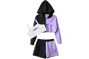 Manyakai Kids Girls 3Pcs Street Dance Outfit Athletic Tracksuit Crop Top Sweatshirt with Booty Shorts Set