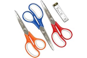 MAGNIFICENT 7 STAR Magnificent Scissors with Soft Tape Measure [Pack 4] 3 Pcs 8" Multi-Purpose Heavy Duty Scissors TPR Soft Grip Handles for School Office Supplies Art Craft Fabric Home & Kitchen