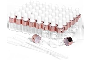 PARFUMLISM Mini flaconi contagocce in vetro, 50 pezzi, con tappo color oro rosa, trasparenti, vuoti, con erogatore contagocce, utilizzati per campioni di profumo, olio per il corpo, liquidi cosmetici (2 ml)