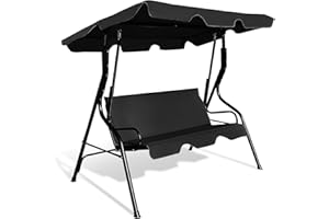 CASART 3 Seater Swing Chair, Steel Frame Hammock Chaise Lounger with Adjustable Canopy, Outdoor Swinging Seat for Garden Patio Bench Balcony