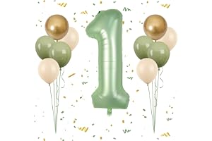 40 Inch Sage Green Number 1 Balloon Giant Foil 1 Olive Green Retro Sand White Avocado Gold Balloons Set for Baby Boy Girl 1st Birthday Jungle Safari Party Decorations