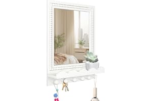 Tirzah 40 x 30 cm väggmonterad pärlstav trä inramad spegel med hylla och 6 krokar, vit dekorativ entréspegel med förvaring för tvättstuga, badrum, sovrum