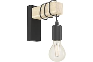 Eglo Lampada da parete Townshend, plafoniera vintage a uno punto luce, lampada da parete dal design industrial, lampada retrò in acciaio e legno, nero, marrone, E27, certificazione FSC