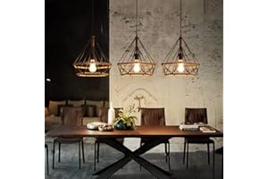 MENGJAY TRADE Vintage Lustre Suspension en forme Diamant E27 créatif Trois tête Industrielle Lustres en Fer forgé Corde de chanvre Ajustable Lustre Plafonnier pour Salle à Manger Cuisine Salon Restaurant café (B)