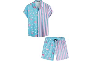VATPAVE Herren Flamingo Hawaii 2 Teiliges Sets Kurzarm Freizeithemden Strand Outfits