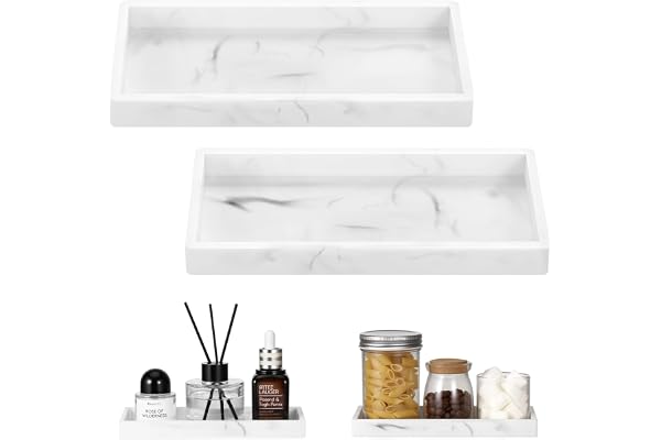 Luxspire Tvättställsbricka för badrum - 2-pack (20 x 10 cm) tvålkopp i silikon för köksbänk, badrumsbricka för tvålpump parfym smycken tillbehör, Marmor