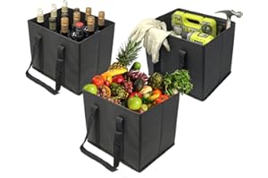 VENO 3 Pack Reusable Grocery Shopping Bags, Shopping Cart Bags, Trunk Organizer, Storage Box Bag, Heavy Duty Tote, Reinforced Bottom, Stands Upright, Collapsible, Large Size (Black - Set of 3)