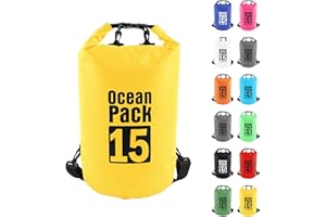 MOMAHUA 15L Dry Bag,Yellow PVC Waterproof Bag with Double Adjustable Shoulder Strap,Multi Capacity 2L/5L/10L/15L/20L/25L/30L 10 Vibrant Colors Swimming Bags,Dry Sack for Camping,Boating,Outdoor&Travel
