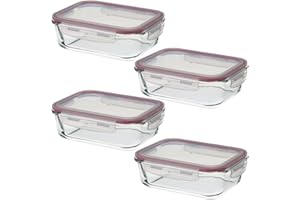 LOLAhome Set de 4 fiambreras de cristal con tapa hermética de 1040 ml. Juego de 4 recipientes herméticos de vidrio de borosilicato transparente apto para microondas, horno hasta 400ºC y congelador.