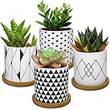 Lewondr Keramik Sukkulenten Töpfe, 4 Stücke 7 cm Kaktus Pflanze Töpfe Mini Blumentöpfe Set mit Bambus Untersetzer, Dekoration