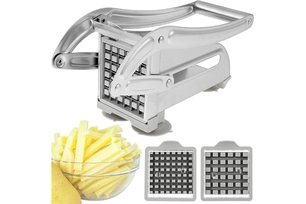 Coupe-Frites, Coupe Frites Manuel, Coupe Frite Professionnel avec 2 Lames de Rechange en Acier Inoxydable et Base D'aspiration Sécurisée pour Pommes de Terre Carottes Concombres Ananas (Argent A)