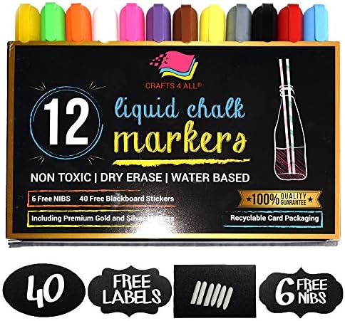 Liquid Chalk markers pens with erasable ink and 6MM reversible tips 12 pack neon colors including gold and silver with 40 free chalkboard labels by Crafts 4 ALL