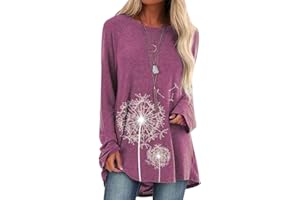 Dresswel Women Long Sleeve Tunic Tops Crew Neck Dandelion Print Sweatshirt Pullover Oversized Blouse
