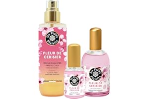 Les Petits Plaisirs – Trio Fleur de cerisier - Eau de toilette 110ml + Eau de toilette 30ml + Brume parfumée pailletée 200ml, Parfum femme floral et fruité, Coffret cadeau femme, Made in France