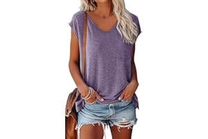OLIPHEE Femmes Cap Sleeve T-Shirts À Manches Courtes Col en V Casual T-Shirts De Base D'été Lâches