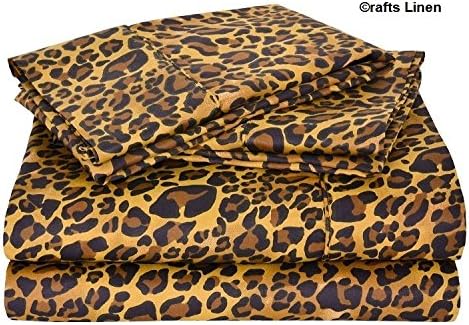 Crafts Linen Egyptian Cotton 650-Thread-Count Sateen 4 PCs Super King Sheet Set (+30 CM) Pocket Depth, Leopard Print