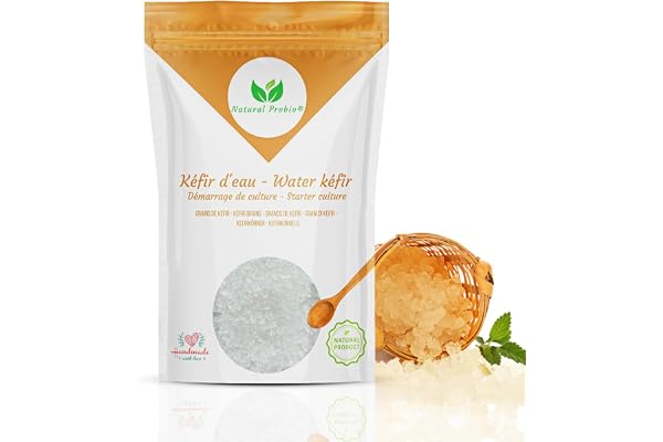 Natural Probio® Kéfir d'eau - Kit de démarrage de Culture - Grains de kefir de Fruit + Notice complète Recette et Conseils + Accès Ebook, Bibliothèque Recettes