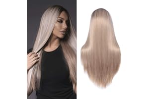 ‎MILDISO 71cm (28'') Perücke braune und blonde Lang Glatt Ombre Perücken für Frauen, Dunkle Wurzel Mittelteil Volle Natürlich Party/Kostüm Wig Damen 041A